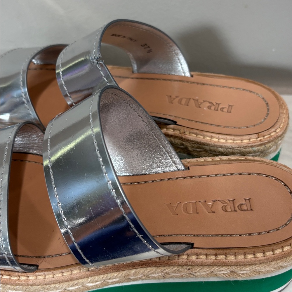 Prada Silver and Green Platform Metallic Two Band Espadrille Slides 37.5 7.5 - Picture 4 of 13